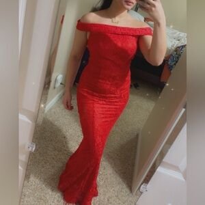 Red off the shoulder dress